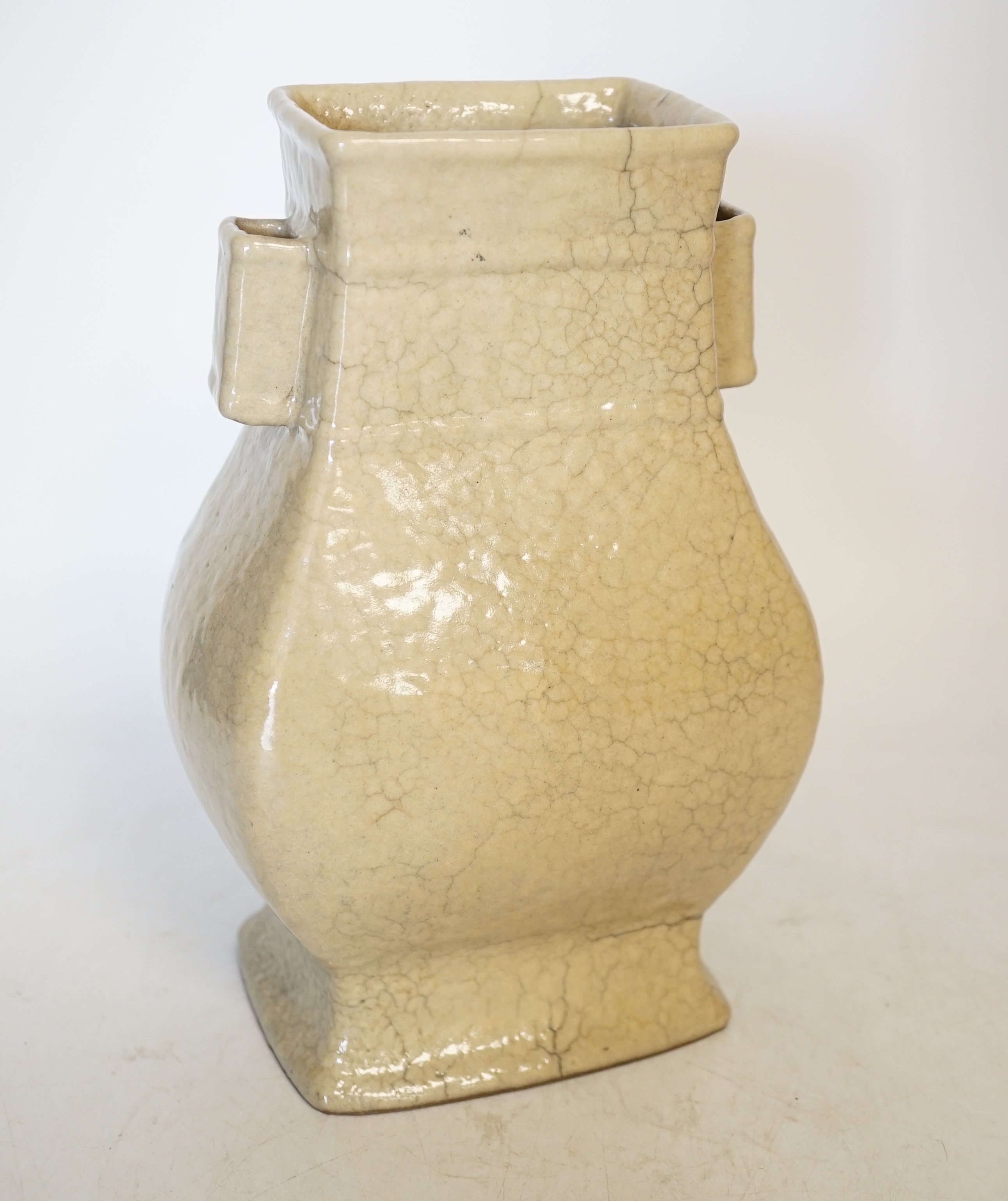 A Chinese crackle glazed twin handled vase, 24cm high. Condition - fair, some minor hairline cracks